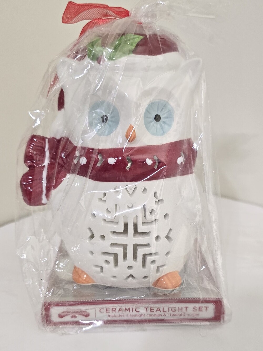 brand new HOLIDAY TIME Ceramic Owl Tealight Candle Holder Winter Seasonal Decor
